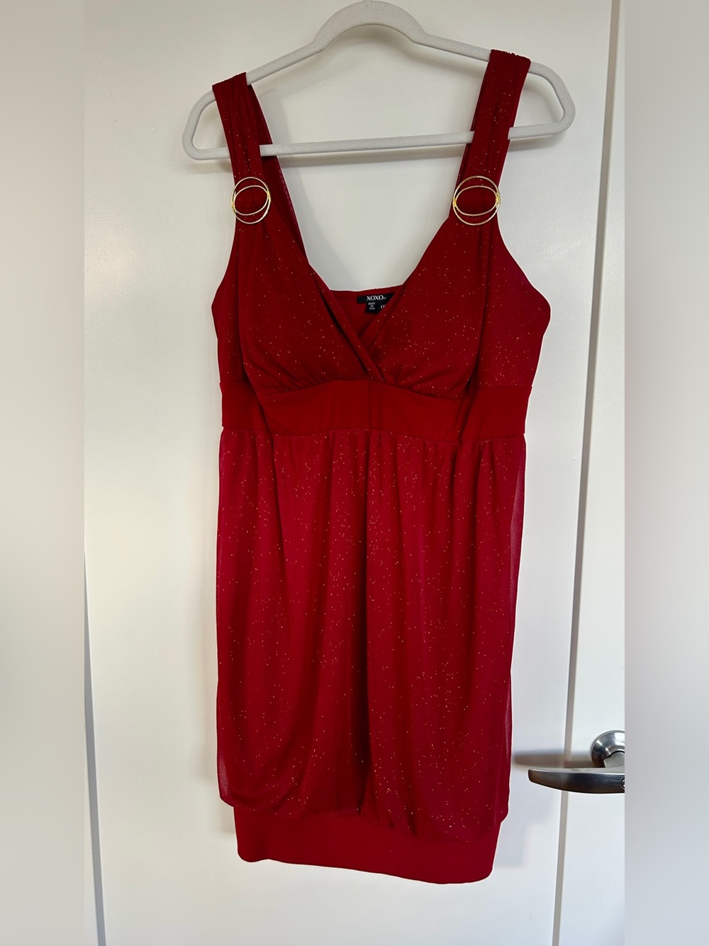 XOXO Sparkling Red V‑Neck Mini Dress with Gold Ring Straps